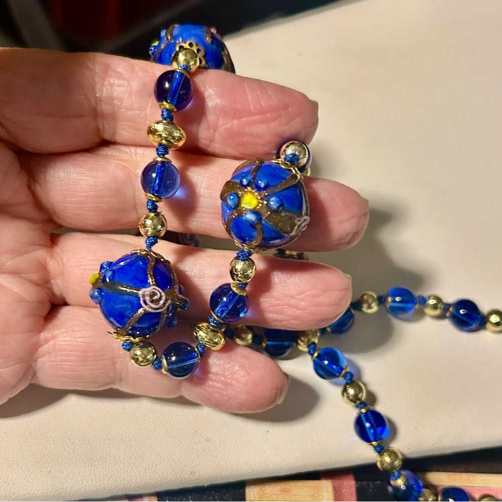 Venetian Wedding Cake Necklace Beads Vintage Cobalt Blue Glass